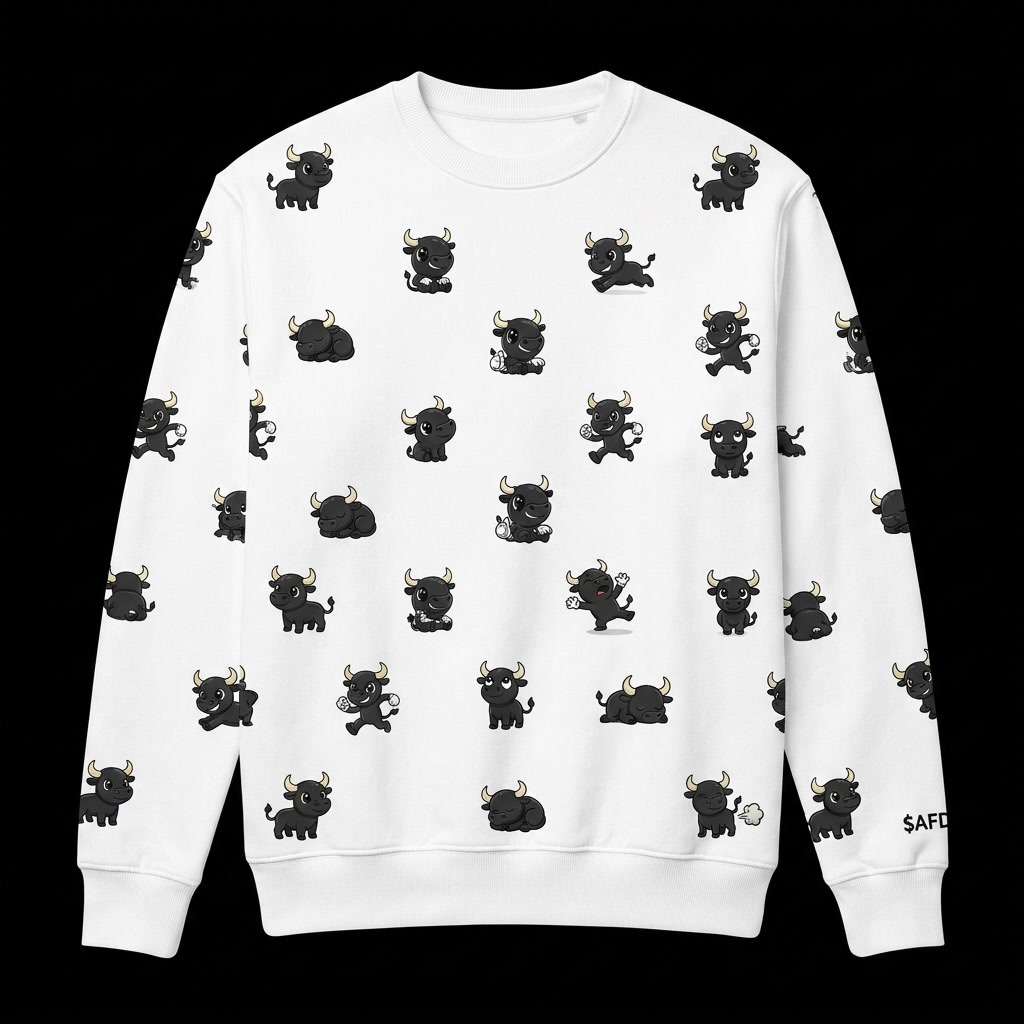 White crewneck sweatshirt covered in an all-over pattern of tiny black $AFD bull mascots