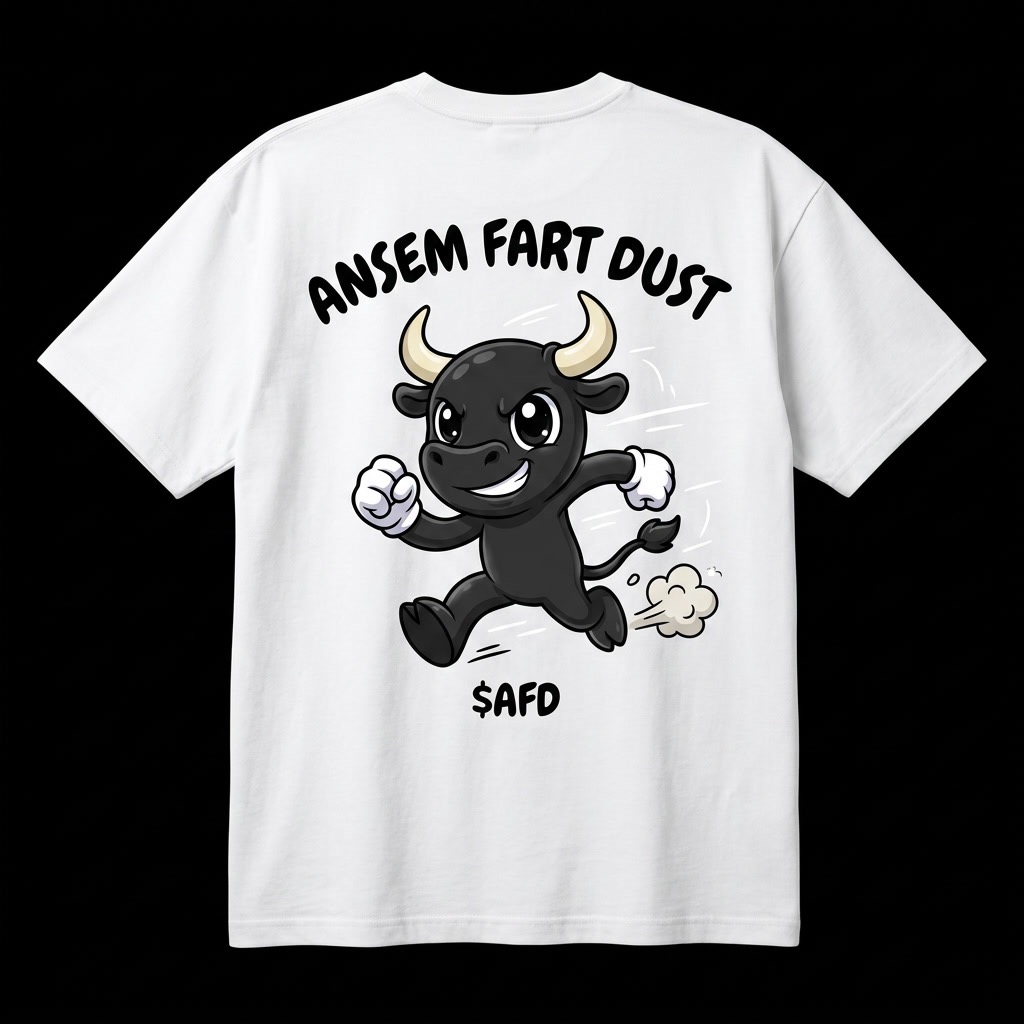 White t-shirt back print of the running $AFD bull with the words ANSEM FART DUST arched above and $AFD below