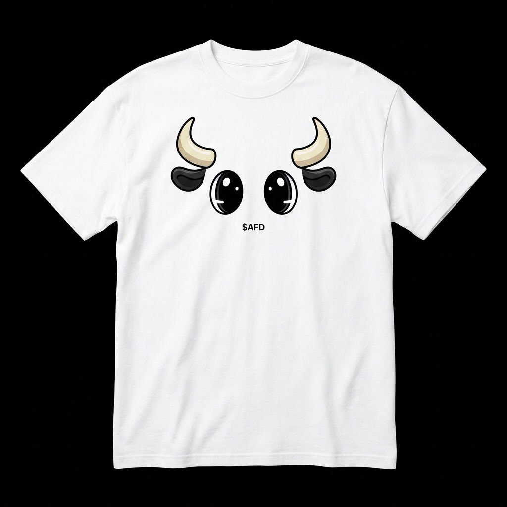 White t-shirt with a minimal $AFD design of the bull's horns and glossy eyes