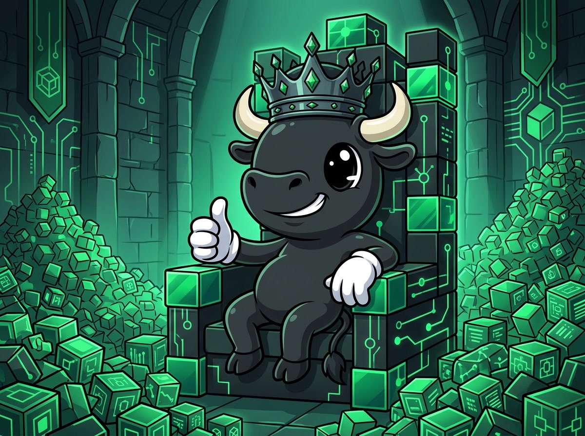 The $AFD bull on a throne of glowing green blockchain blocks