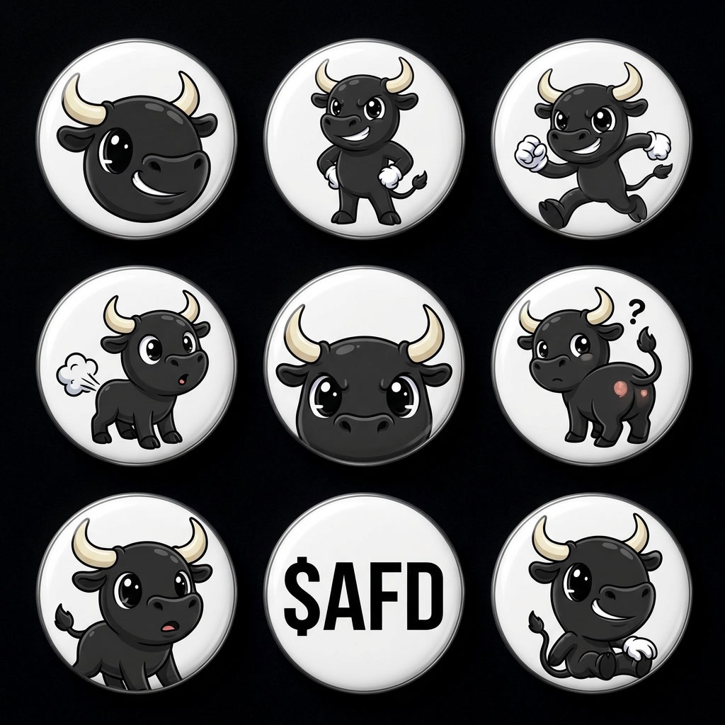 Set of nine white pin-back buttons featuring different cute black $AFD bull mascot poses and a $AFD logo button