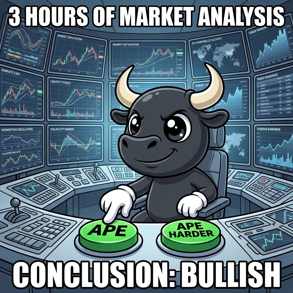 The $AFD bull surrounded by market analysis screens pressing the APE button