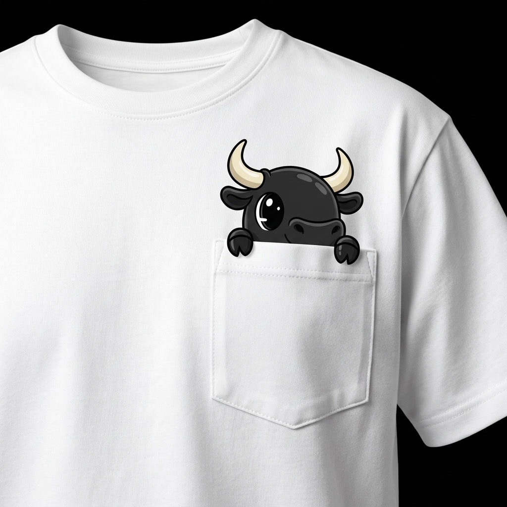 White pocket t-shirt with the black bull mascot peeking out of the chest pocket