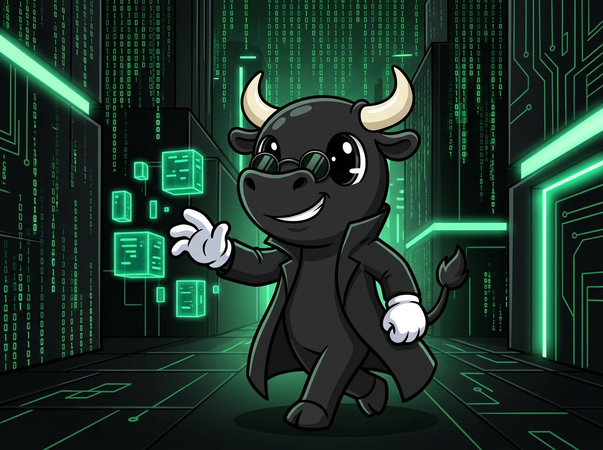 The $AFD bull walking through a green digital blockchain corridor