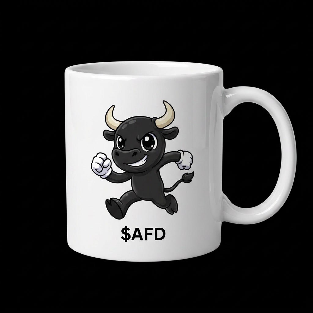 White ceramic mug printed with the running black $AFD bull mascot above $AFD lettering
