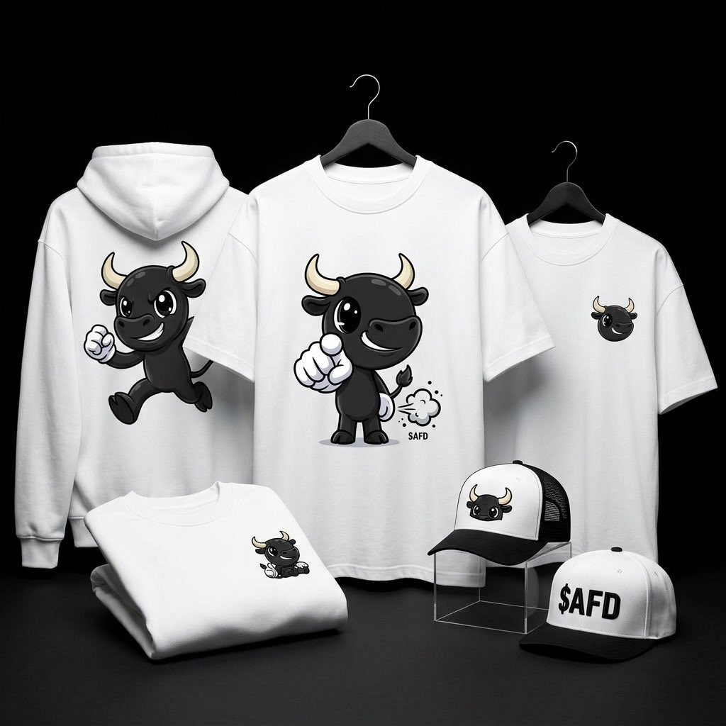 Collection of white $AFD merch including a hoodie, tees, crewneck, trucker cap and snapback with bull mascot prints