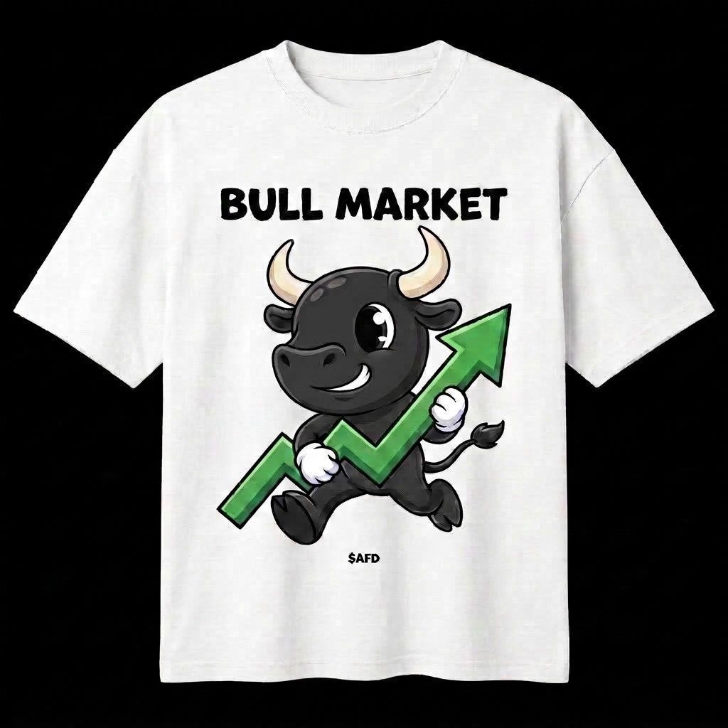 White t-shirt with the black bull mascot riding a green upward market arrow under BULL MARKET lettering