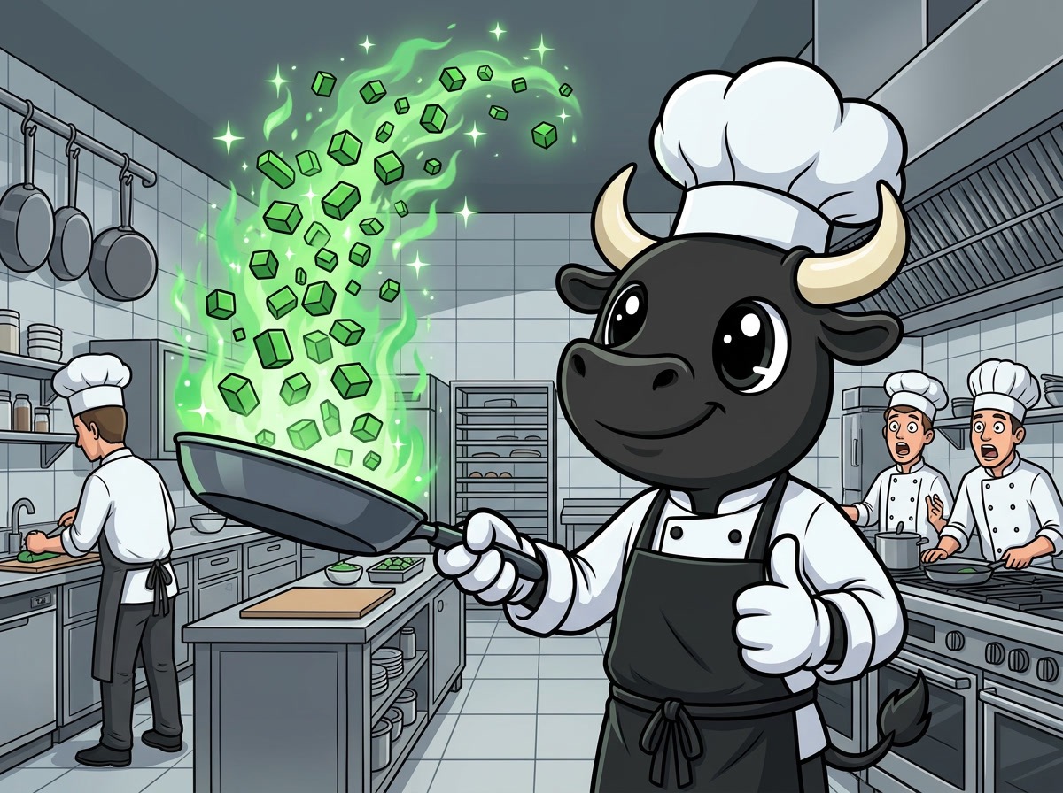 The $AFD bull cooking a pan full of glowing green blockchain blocks