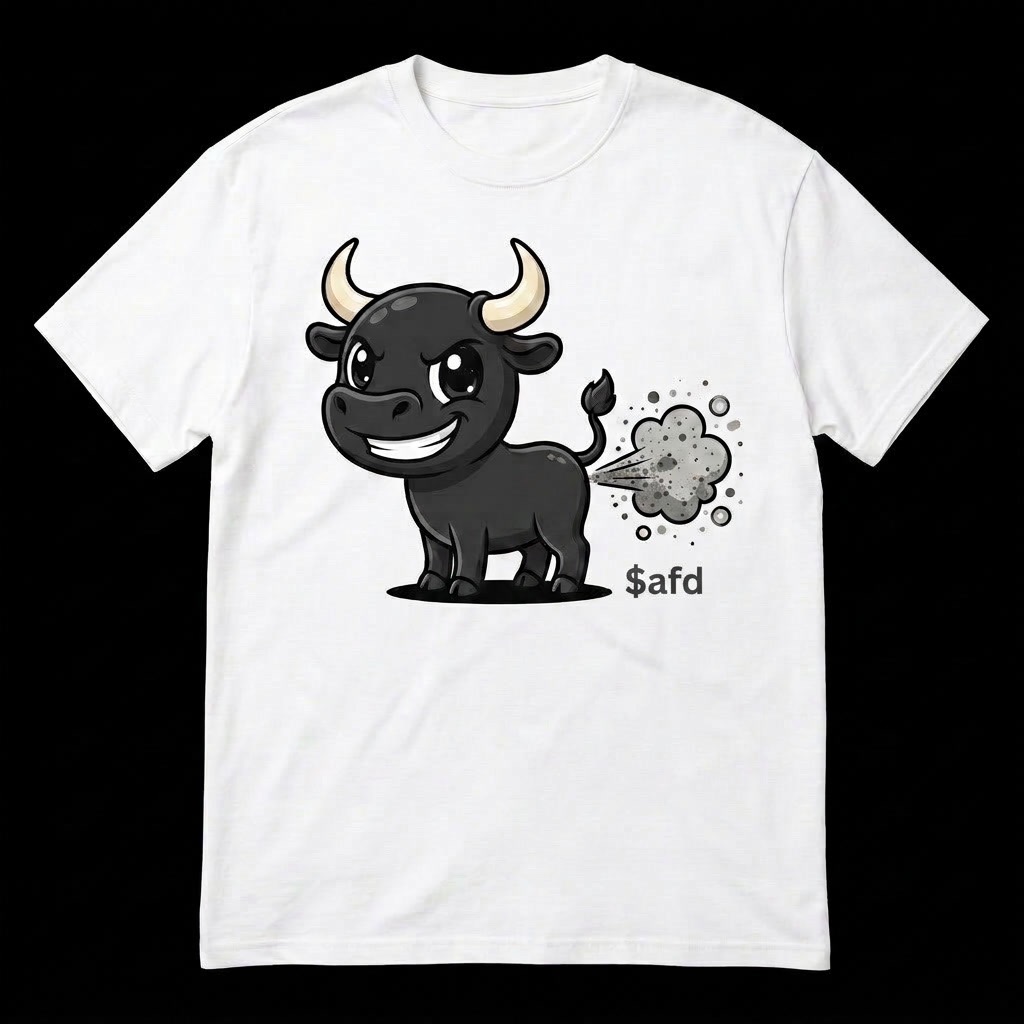 White t-shirt featuring the cute black $AFD bull mascot puffing a grey dust cloud next to $afd lettering
