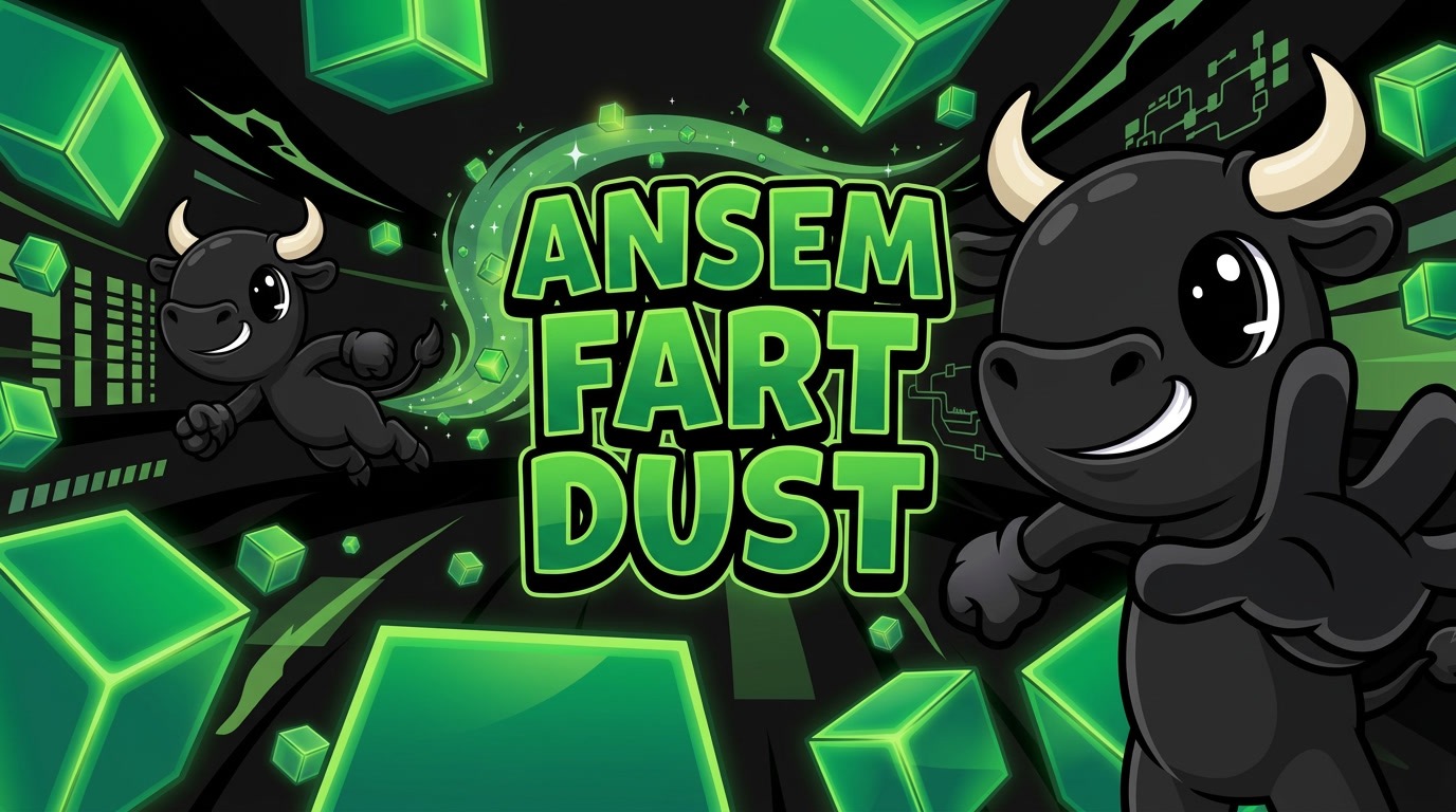 ANSEM FART DUST: BULL RUN arcade cover art — the black bull mascot sprinting through a neon green blockchain world leaving a glowing dust trail
