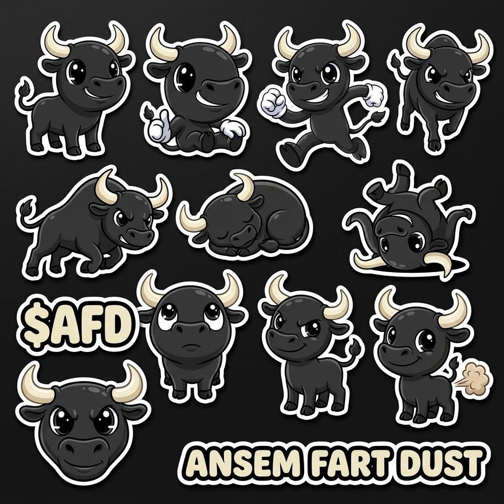 Sheet of die-cut $AFD stickers showing the black bull mascot in various poses plus ANSEM FART DUST and $AFD word stickers