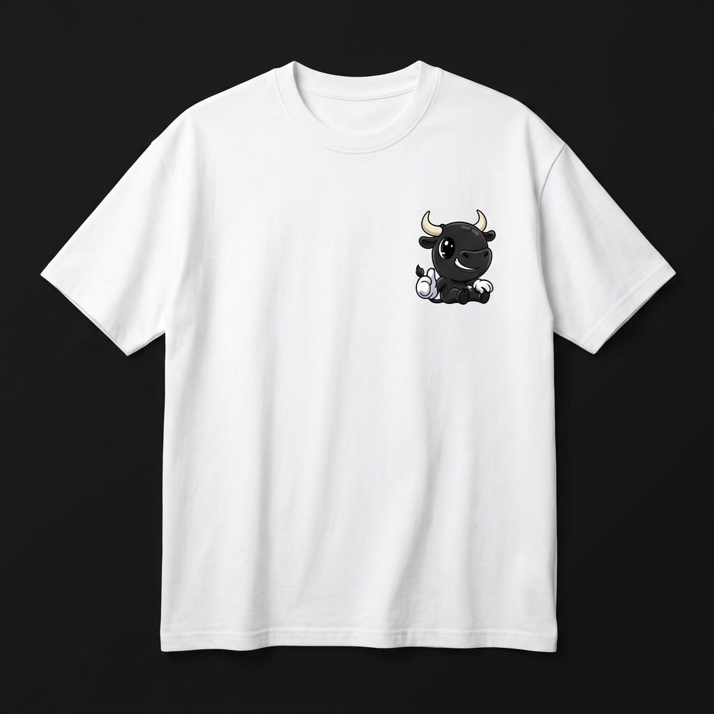 White oversized t-shirt with a small cute black $AFD bull mascot printed on the left chest
