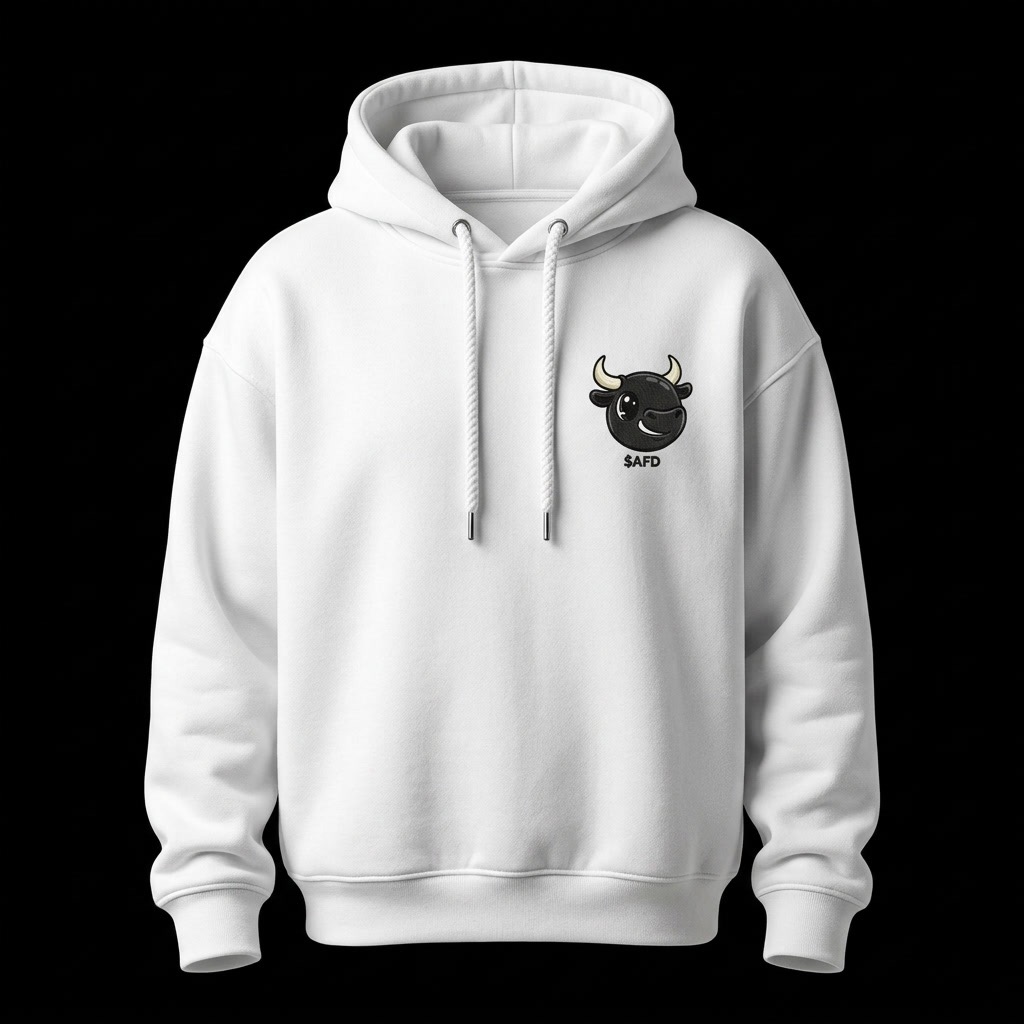 White hoodie with a small embroidered $AFD bull head logo on the left chest
