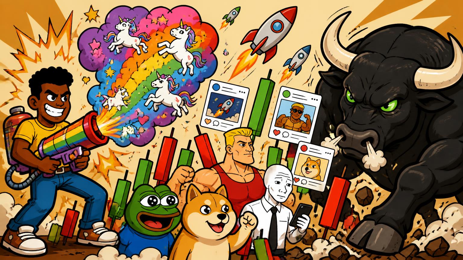ANSEM FART DUST: BULL RUN arcade cover art — the mascot blasting Fart Dust at the Black Bull, surrounded by meme traders and candlesticks